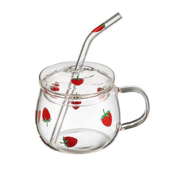 Термостойкая кружка с рисунком клубники, прозрачная стеклянная кружка с ручкой и соломенной крышкой для воды, питьевого молока