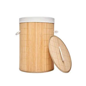 Rotonda di Bambù Pieghevole cesto della biancheria con fodera in poliestere e maniglie sul corpo