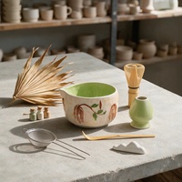 Ensemble de 100 pièces de bols à matcha en céramique, style moderne et simple, avec bec verseur motif cerise peint à la main, fouet à thé et support, kit complet d'outils pour la préparation du thé