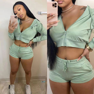 Conjuntos para mujer, trajes de verano 2025 personalizados, Chaqueta de algodón con cremallera para mujer, Top corto con capucha y pantalones cortos de chándal, conjunto de 2 piezas - Product Image 3