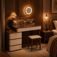Coiffeuse moderne avec miroir LED à bras pivotant, vitrine en verre cannelé, armoire à 3 tiroirs verrouillable et tabouret