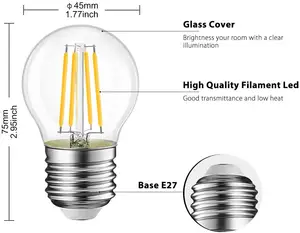 Lâmpada led e26 e27 2021 g45, filamento, base, 4w, 5w, 6w, para decoração industrial, vintage, filamento