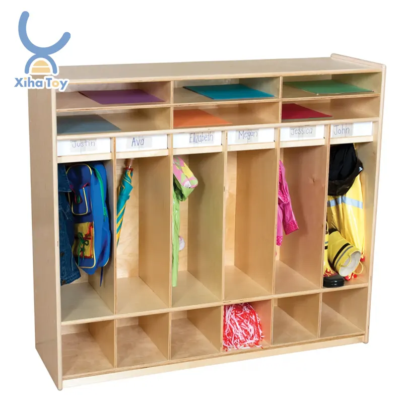 XIHA Wooden Kids Coat Locker Storage Cabinets Children Wardrobe Cabinets Cheap Preschool Furniture School Clothes Shoes Storage