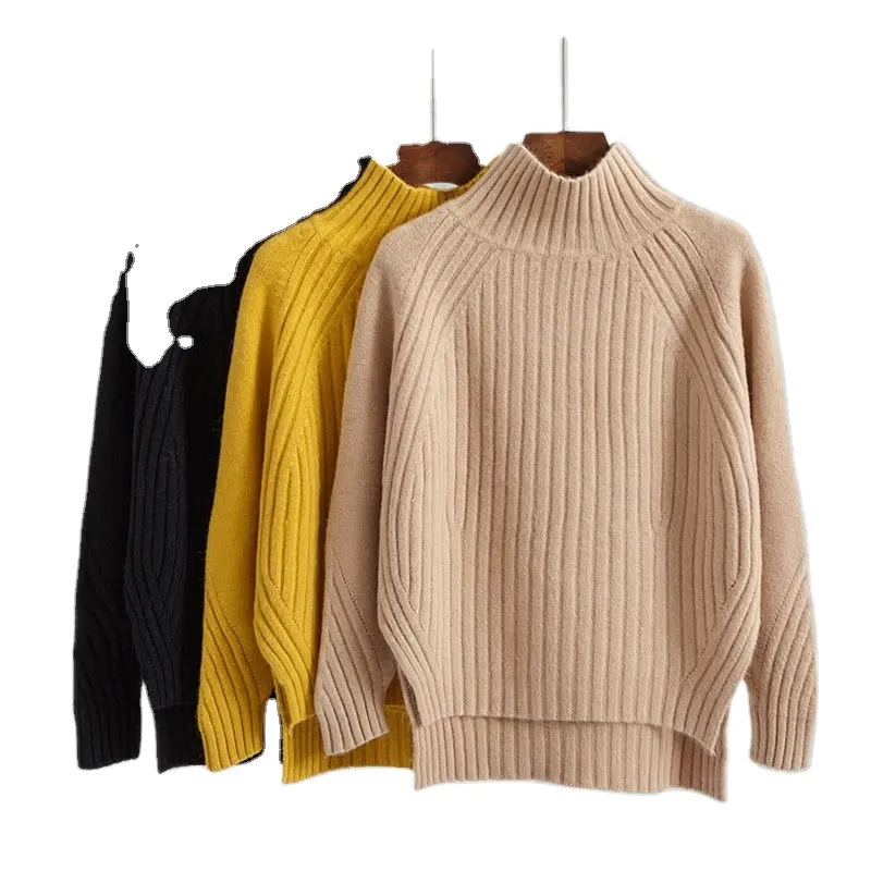 Sweater rajut wanita, baju Sweater rajutan ukuran Plus, atasan Pullover bergaris kerah berdiri warna solid, musim semi musim gugur, Kustom