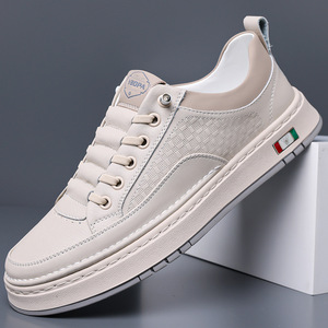 Chilowa Men's <b>White</b> Sneakers Low <b>Heel</b> Breathable Leather Casual Shoes For Leisure - Product Image 1