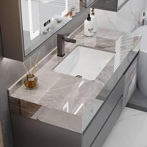Mueble de <span class=keywords><strong>Baño</strong></span> <span class=keywords><strong>Moderno</strong></span> y Lujoso Lovein con Tiradores de Madera y Estantes de 3 Niveles, Lavabo Simple e Inteligente, Mueble con Luz - Product Image 4