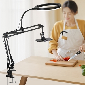 Support de caméra réglable pour montage en hauteur, support de téléphone, anneau lumineux LED pour studio et selfie, avec pince de bureau et bras articulé à suspension - Product Image 1