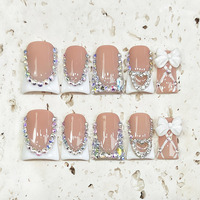 TSZS Luxury 10 pièces Faux ongles à presser en gel souple style français bec de canard, motif Spice Girl, fleur sculptée 3D et strass, en acrylique