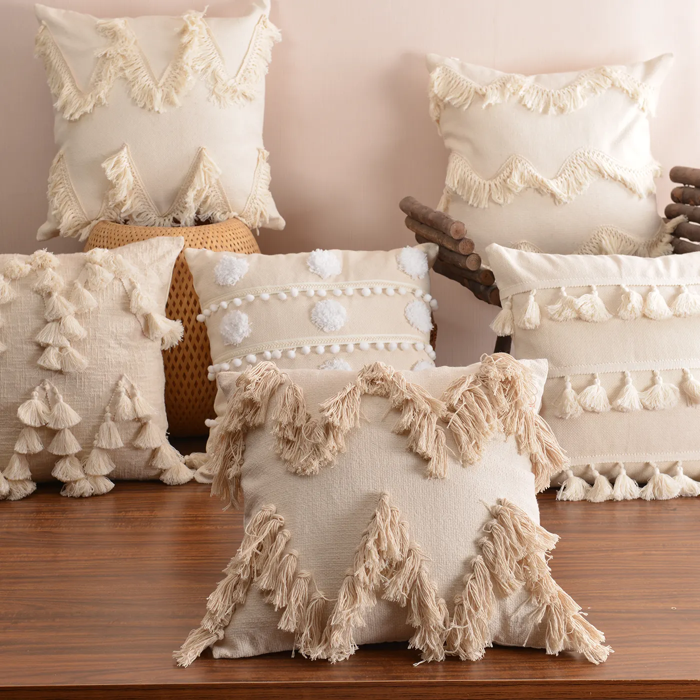 Light Luxury Living Room Bedroom Embroidered Tassel Throw Pillow Boho Style Cushion