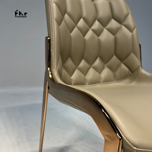 Modern Khaki PU Leather Dining Chair Diamond Quilted Back Polished Gold Metal Legs for Hotel Restaurant - Product Image 2
