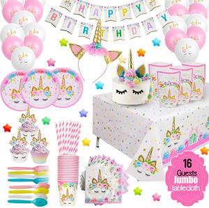 Vente Flash Kit de Fête Licorne Rose Assiettes Couverts Bannière d'<span class=keywords><strong>Anniversaire</strong></span> Colorée <span class=keywords><strong>Vaisselle</strong></span> & Décorations de Table Licorne - Product Image 1