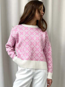 Maglione da Donna Personalizzato OEM con Collo Tondo e Motivi Geometrici Lavorati a Maglia - Product Image 3