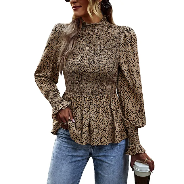 Floral Print Brown Women's Tops Casual Long Sleeve Crewneck Floral Print Smocked Ruffle Shirt Tunics