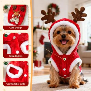 Costume de Noël pour chien, sweat à capuche en velours, motif renne, vêtements chauds d'hiver pour animaux de compagnie, motif animal mignon pour petits chiens - Product Image 5