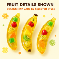 Vente en gros de jouets à presser en forme de banane géante transparente, remplis de fruits, avec boîte de vente au détail et présentoir en carton
