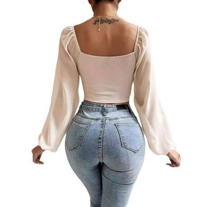 Camicetta da <span class=keywords><strong>donna</strong></span> europea e americana alla moda, corta, <span class=keywords><strong>scollata</strong></span>, sexy, con scollo a V, in chiffon patchwork, con coulisse e maniche a lanterna - Product Image 5