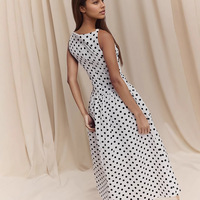 Robe longue trapèze sans manches à pois vintage, col rond, taille haute, tissée, élégante, effet froissé, OEM/ODM 3975