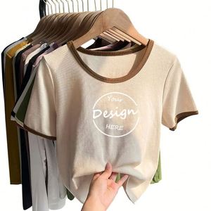 Custom 100 Cotton Breathable <b>Crop</b> Top Femme Regular <b>Fit</b> Boxy <b>T</b>-<b>shirts</b> Ribbed Wholesale Spring Tee Plain Y2K High Street <b>Crop</b> - Product Image 1