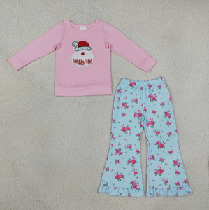 Western Christmas Print Top Solid Red Ruffle Bell Bottom Pants Kids Holiday Clothing Set - Product Image 3
