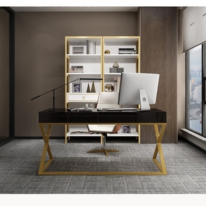 Escritorio de ordenador para sala de estudio nórdico de lujo, mesa de oficina de acero inoxidable con acabado brillante, escritorio de información de belleza médica - Product Image 3