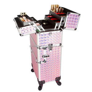 Rolling <strong>Makeup</strong> Train <strong>Case</strong> <strong>on</strong> <strong>Wheels</strong> Large Cosmetic Organizer Travel Cart for Hairstylist Artist Nail Beauty Salon Barber - Product Image 3