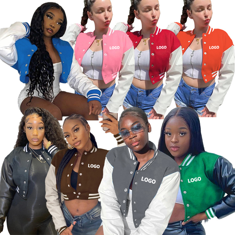 Honkbaljack Custom Varsity Cropped Milieuvriendelijk Pu Leer Vrouwen 1 Stuk Fleece Digitaal Bedrukt Geweven Kort