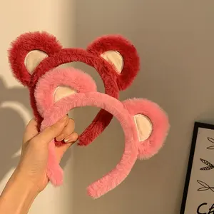 Diadema de peluche con orejas de oso de fresa, diademas de oso de dibujos animados rosa, diademas de animales encantadores para niñas, accesorios para el cabello