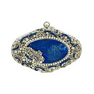 Natural Lapis Lazuli Gemstone <b>Clutch</b> | Handcrafted Silver Filigree Oval Minaudiere | Luxury Bridal <b>Wedding</b> Evening Bag for Women - Product Image 1