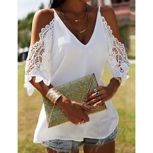 <b>Women's</b> V Neck <b>Cold</b> <b>Shoulder</b> <b>Top</b> Spaghetti Strap Lace Crochet Short Sleeve Breathable Regular Length 100% Polyester - Product Image 3