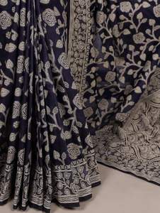 Sari en coton soyeux bleu foncé à motifs floraux organiques - Tenue traditionnelle de fête - Longueur 5,5 mètres - Prix de gros - Product Image 2