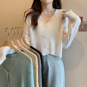 <span class=keywords><strong>Cardigan</strong></span> court de style coréen pour femmes, pulls à manches longues, col en V, bord d'oreille en bois, veste tricotée fine - Product Image 1