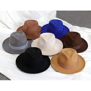 Grosir Somone Sombrero koboi pria klasik Floppy bow-knot lebar penuh wol merasa wanita Unisex Shinehats band untuk topi Fedora