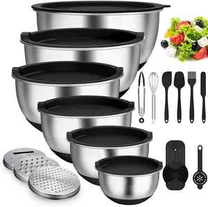 6 cái thép không gỉ Bát salad với nắp trộn bát đặt với muỗng nĩa Whisk trộn làm tổ Bát Bộ