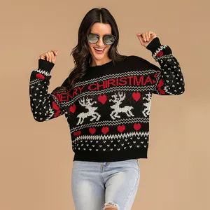 Baju Hangat Wanita Crewneck Motif Rusa Natal, Pullover Rajut