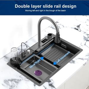 Fregadero de Acero Inoxidable de Alta Tecnología para Encimera, Moderno, Negro, de Montaje Inferior, con Diseño Cuadrado, Cascada, Multifuncional para Cocina - Product Image 4