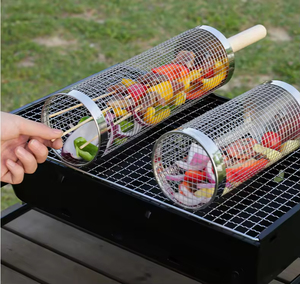 Camping Portable 304 Stainless Steel Wooden Handle Barbecue Cylinder <b>Grill</b> Basket Outdoor BBQ <b>Mesh</b> Basket Rolling <b>Grill</b> Cage - Product Image 1