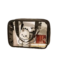 Pochette de maquillage transparente en PU PVC avec bordure noire, étanche, trousse de toilette de voyage, pochette de rangement cosmétique portable avec fermeture éclair