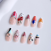 Faux ongles artisanaux en amande avec motifs 3D fleurs, cerises, étoiles et pois, à presser, pour usage professionnel en salon, réutilisables, vente en gros