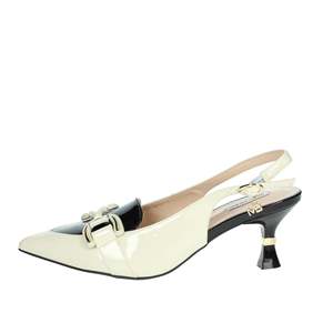 Mariella Burani Women's Slingback <b>Pump</b> Beige <b>Black</b> Patent Leather Heel - Product Image 1
