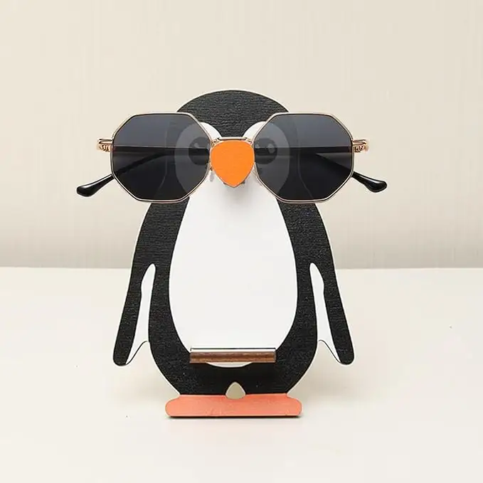 Nuevos adornos de almacenamiento de madera Soporte de exhibición de oficina Sala de estar Escritorio Soporte creativo para gafas de pingüino