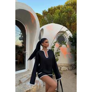 Black Ladina Flared <b>Linen</b> 2-Piece <b>Shorts</b> Set for <b>Women</b> Above <b>Knee</b> <b>Length</b> for Summer and Winter - Product Image 2