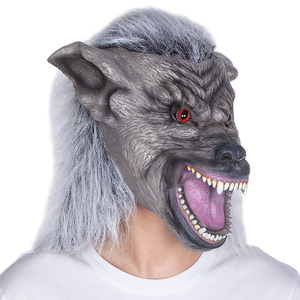 Maschera in lattice divertente <span class=keywords><strong>a</strong></span> tema Goofy, integrale, grigia con texture effetto invecchiato, pelliccia spessa grigia, occhi rossi brillanti, teschioli affilati, bocca aperta, morbida, per feste - Product Image 4