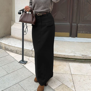Front Fake <strong>Pockets</strong> Elegant Maxi Women's High Waisted <strong>Skirt</strong> Ladies Office Wear Long <strong>Black</strong> <strong>Skirts</strong> - Product Image 1