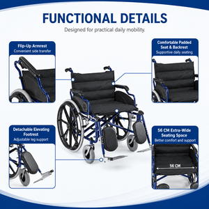 Fauteuil roulant manuel en acier robuste pour patients obèses avec roues larges et capacité de 120 kg pour une utilisation à l'hôpital et à domicile - Product Image 4
