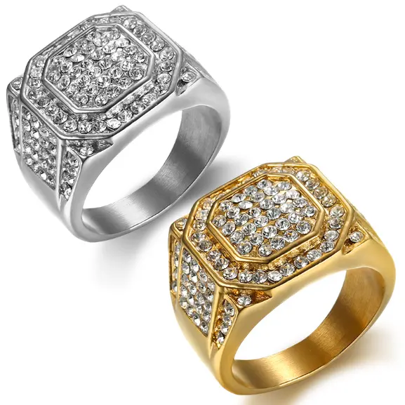 Hot Verkopen 316 Rvs Gilt Vol Diamanten Ring Luxe Hip Hop Voor Mannen Ring