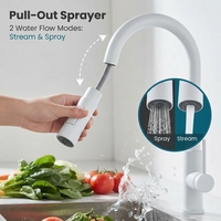 Robinet de cuisine blanc moderne avec douchette extractible, levier unique et 2 modes de jet, arc haute pour évier de cuisine