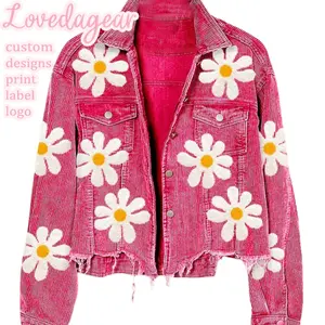 Loveda Custom Logo Vrouwen Gehaakt Corduroy Distressed Zoom Jasje Met Knopen En Bloemenprint Spijkerjack Met Zakken