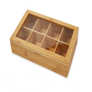 Caja de almacenamiento de té de bambú, rectangular, 9 compartimentos, con tapa de vidrio, organizador de escritorio para hojas de té y especias - Product Image 1