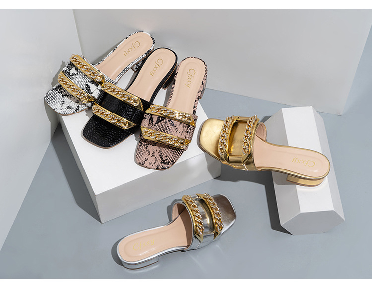 Ladies Fashion Slipper Shoes Rhinestone Chain Low Heel Sandals for Women