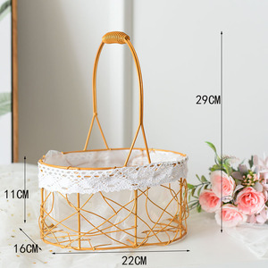 Metal <b>Flower</b> Basket 22Cm Diameter Gold <b>Wire</b> With Lace Liner For Living Room Decoration - Product Image 1